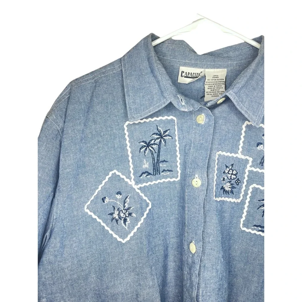 Capacity Women's L Denim Shirt Vintage Palm Tree Embroidered Western Cottage - Picture 2 of 5